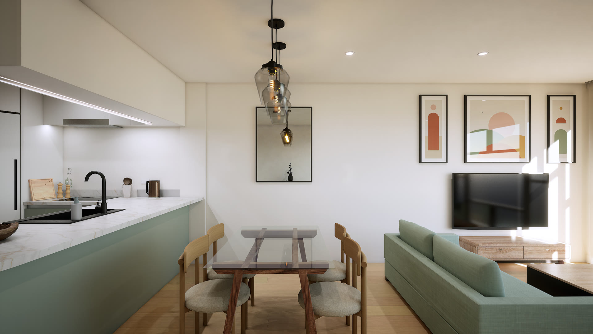 Glass dining table under smoked-glass pendants, between the kitchen bench and a sofa facing a wall-mounted TV