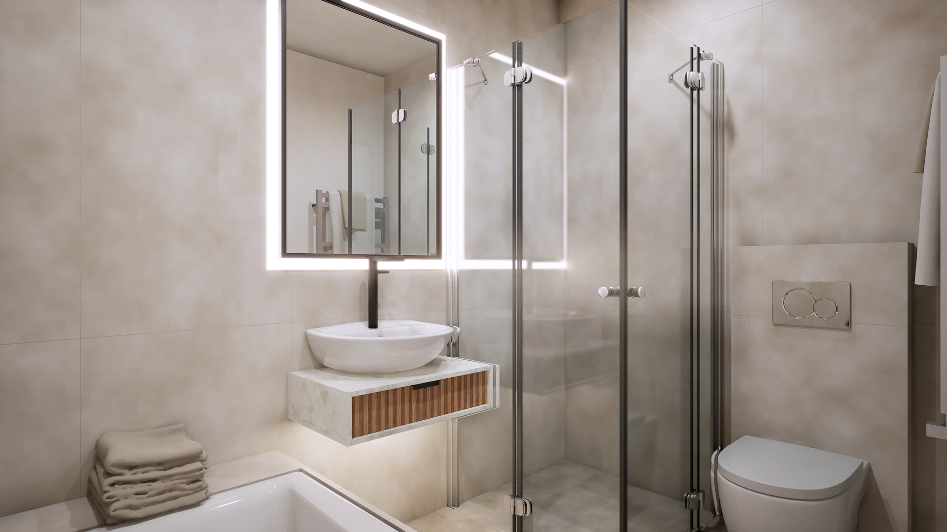 Bathroom with a backlit mirror over a vessel basin on a timber-fronted vanity, beside a glass shower