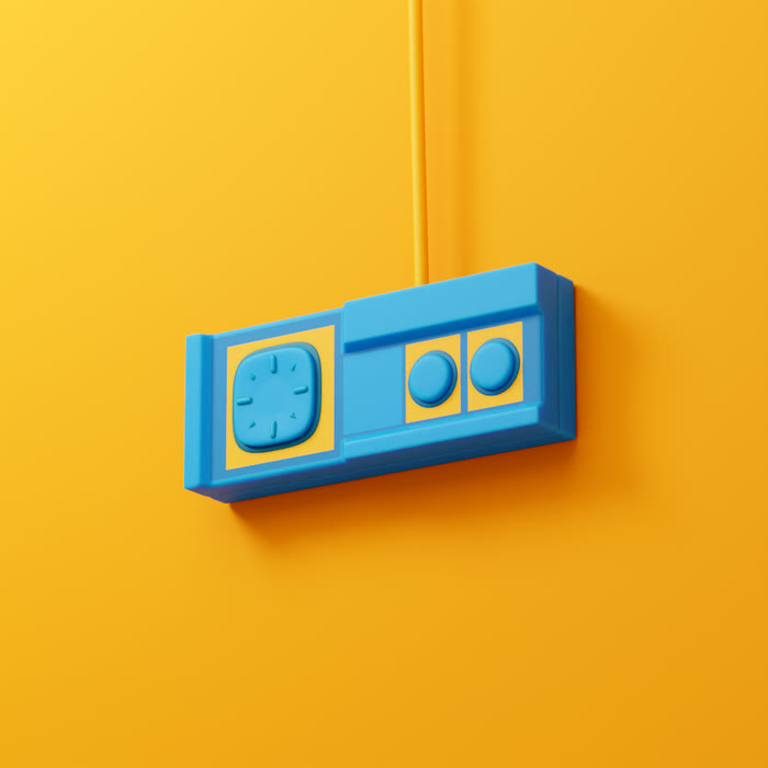 Stylised Sega Master System controller, blue on a yellow ground
