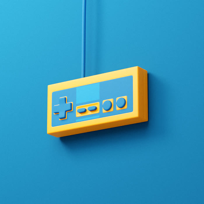 Stylised NES controller, yellow on a blue ground