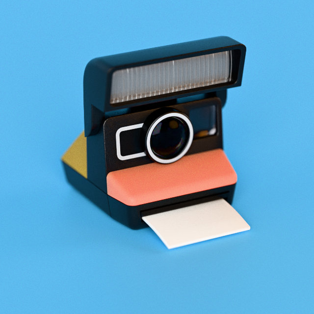 A black 1980s-style instant camera with a coral band, on blue