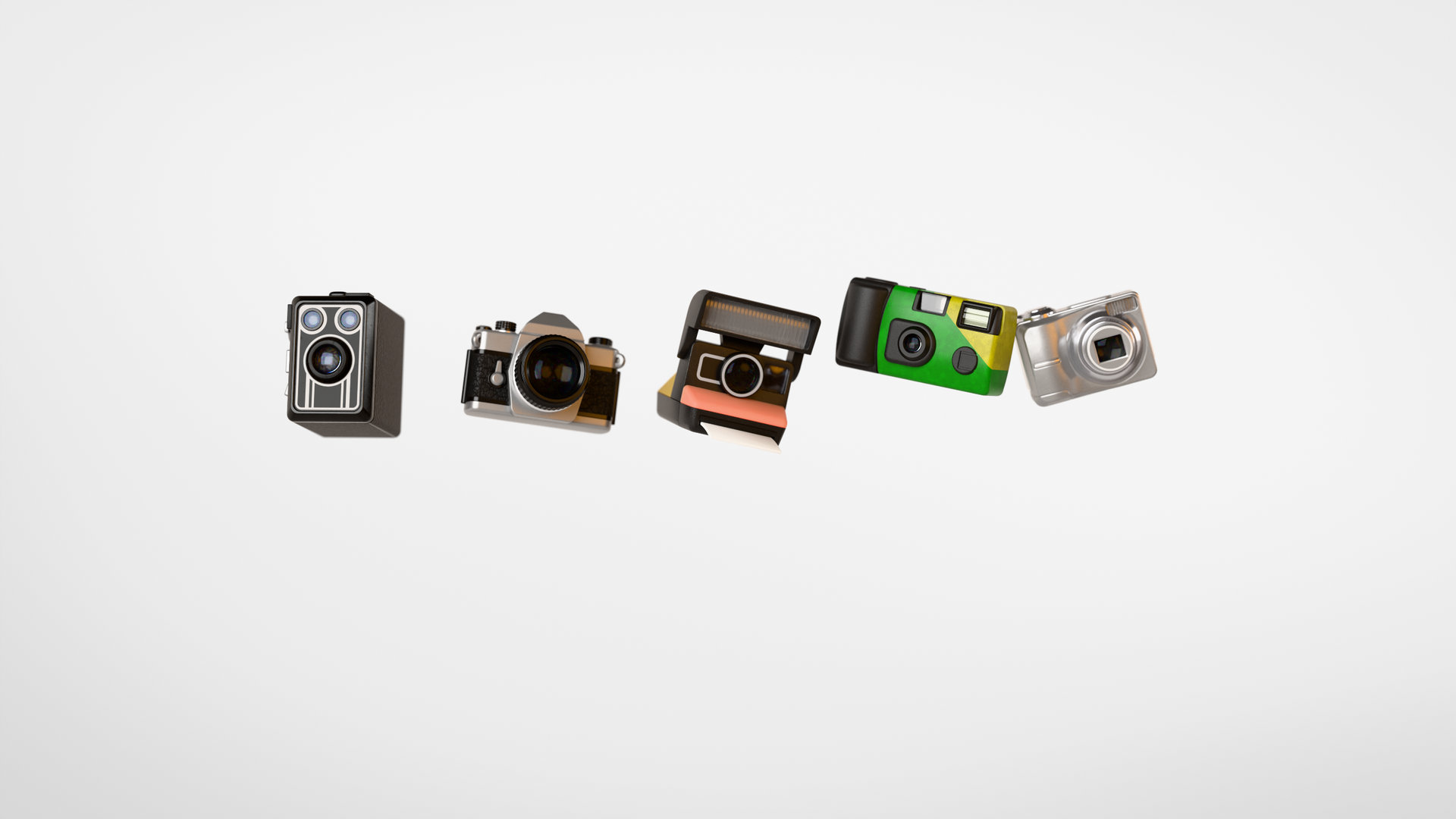 The five cameras tumbling into place, mid-animation