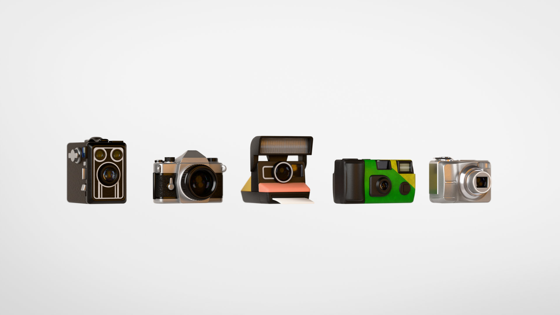 The five cameras front-on in a row, showing them at one shared scale