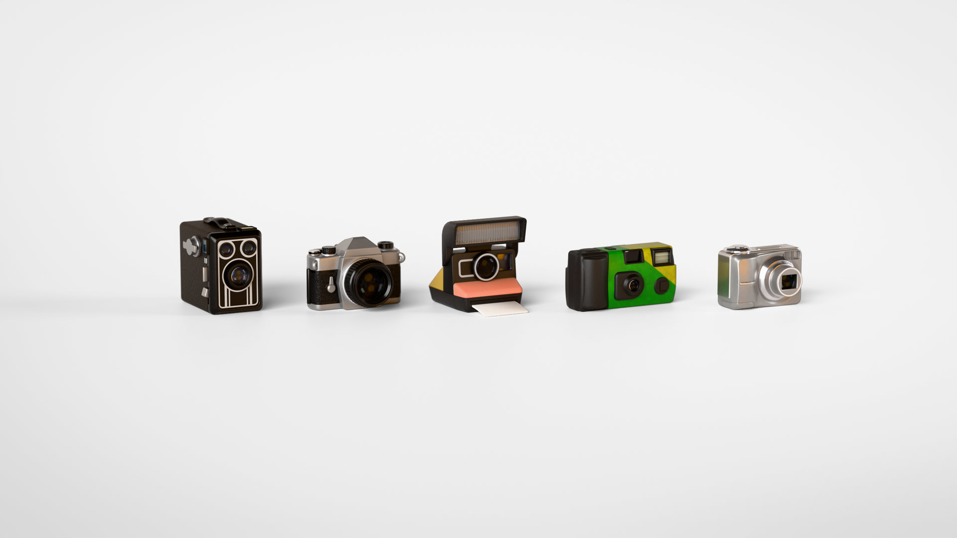 Five miniature cameras in a row on a white sweep, in era order: a box camera, an SLR, an instant camera, a disposable and a compact digital