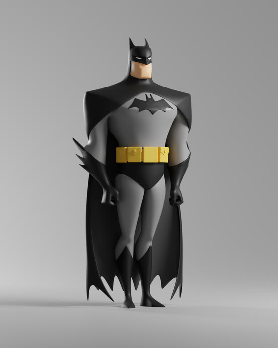 Stylised Batman character model, three-quarter view, matte black and grey with a gold belt