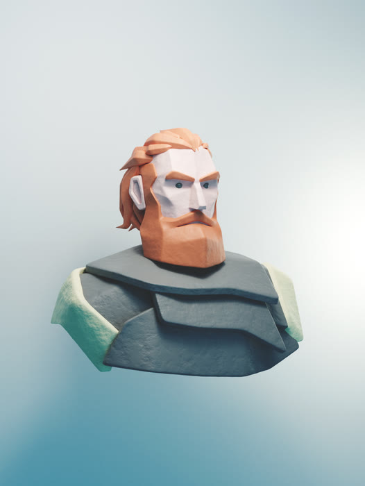 Faceted low-poly bust of a bearded figure in stone-grey armour