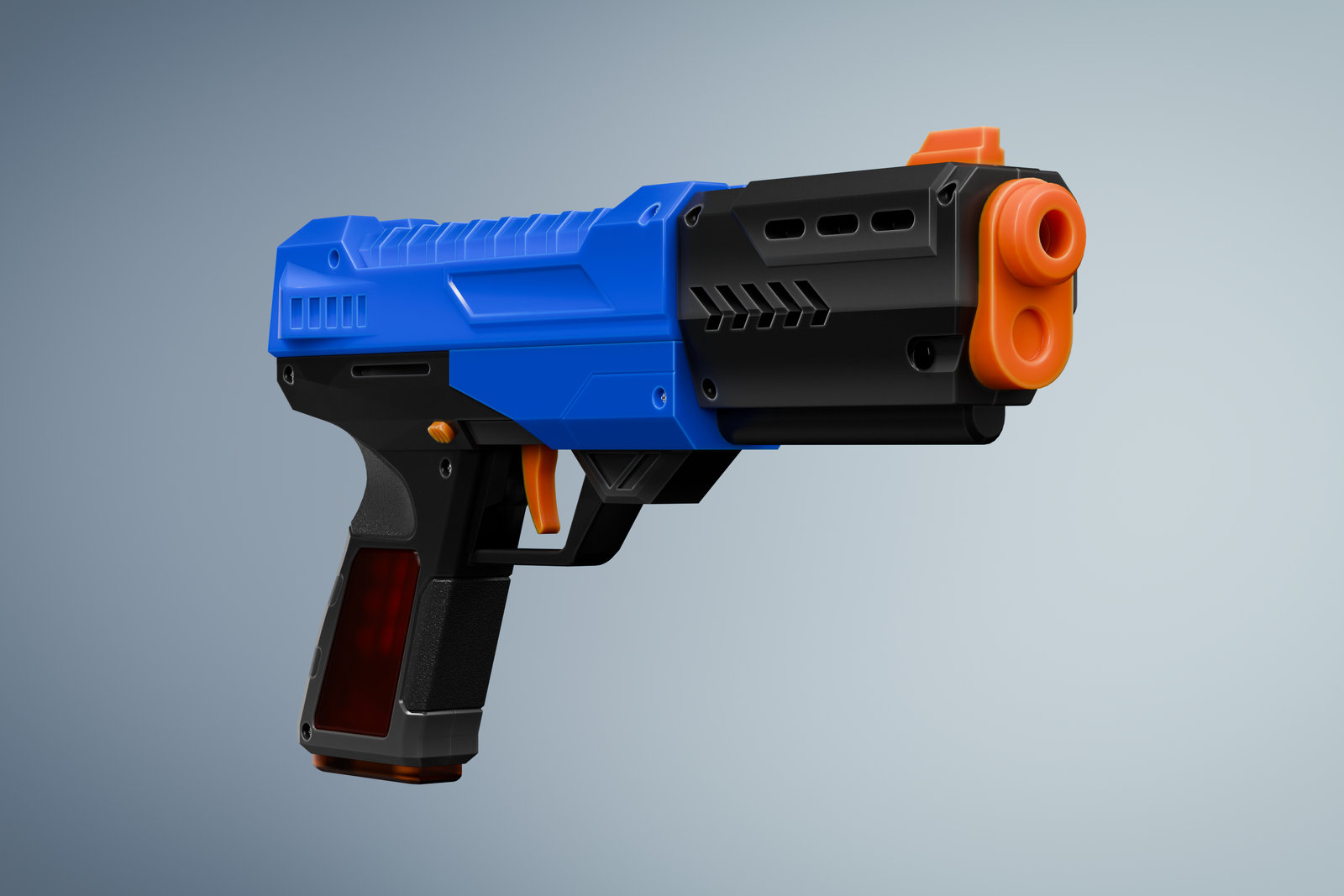 Three-quarter front view of the blaster showing the orange muzzle