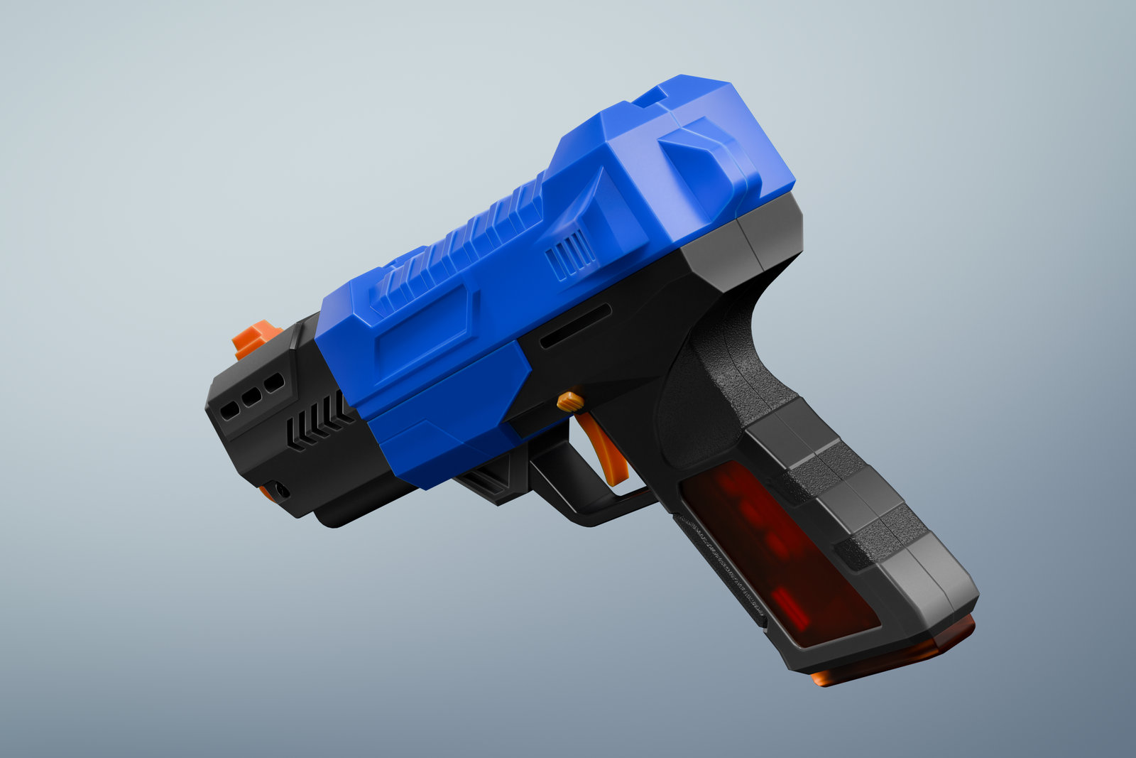 Three-quarter rear view of the blaster from below