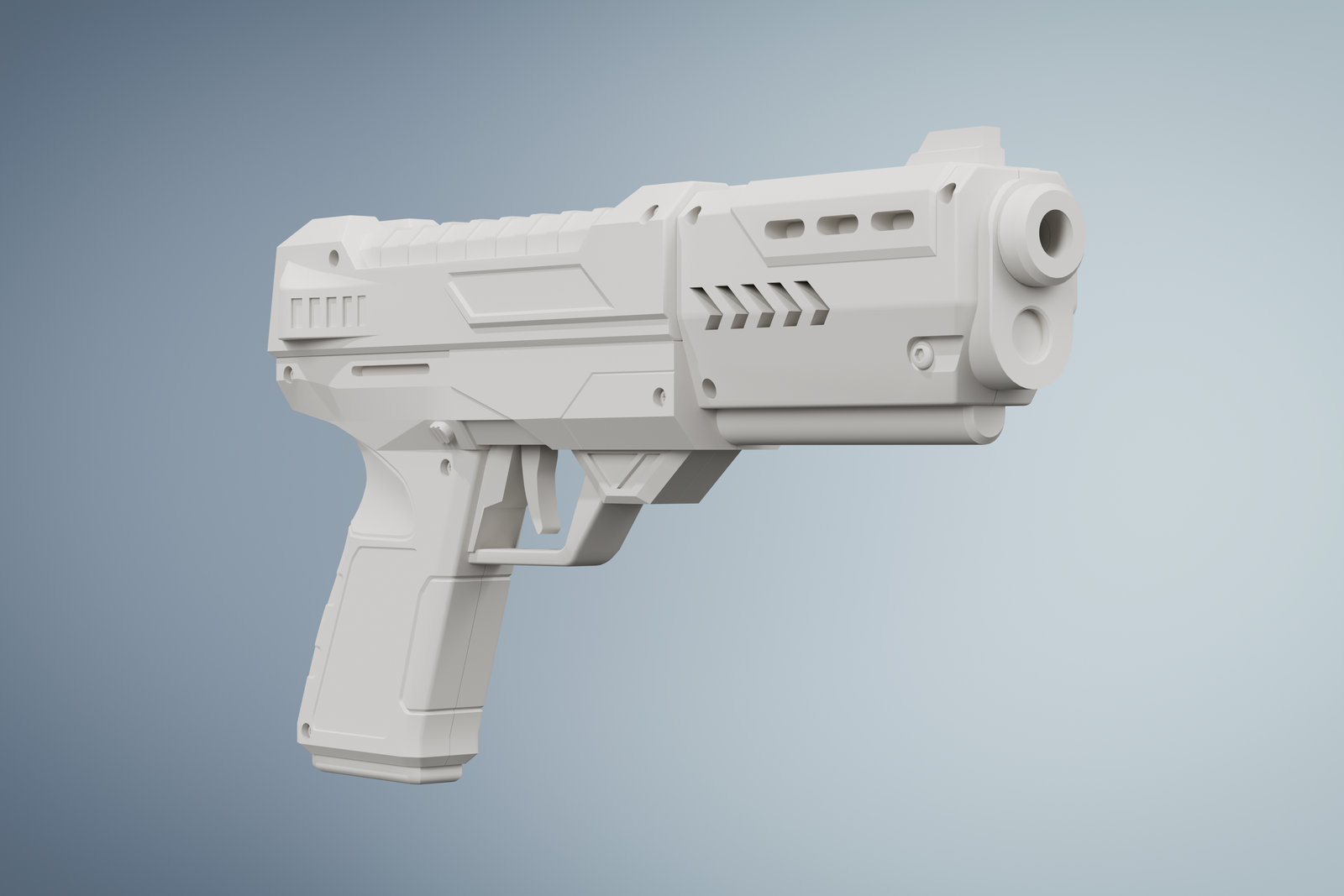 Untextured clay render of the blaster, three-quarter front