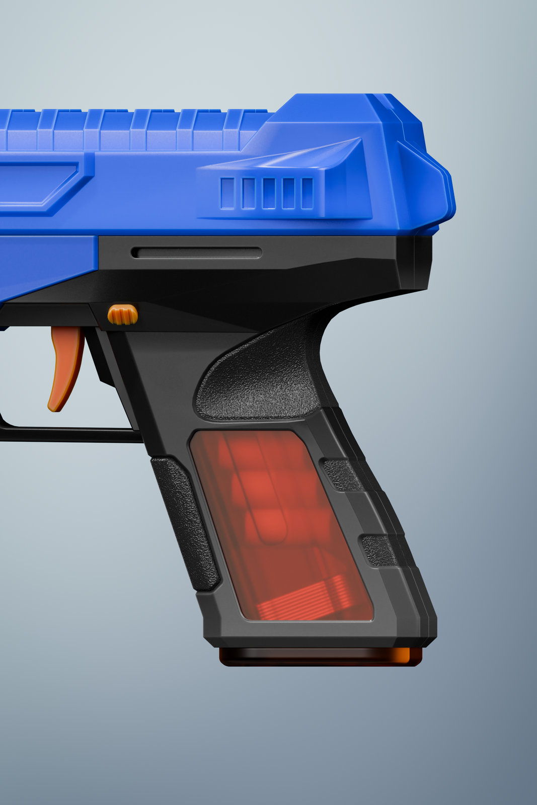 Close-up of the grip: textured black panels around a translucent orange window with darts visible inside