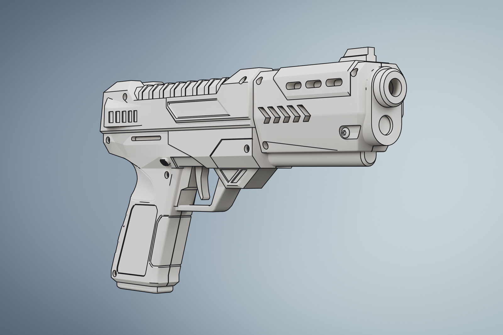Line drawing render of the blaster, three-quarter front