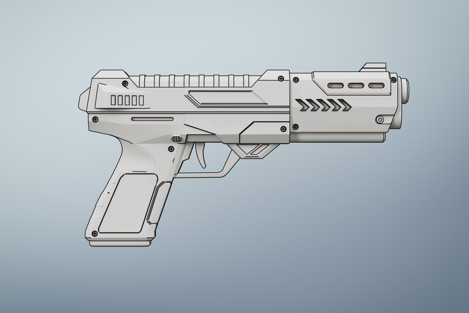 Line drawing render of the blaster in side profile, showing the panel lines and moulded details