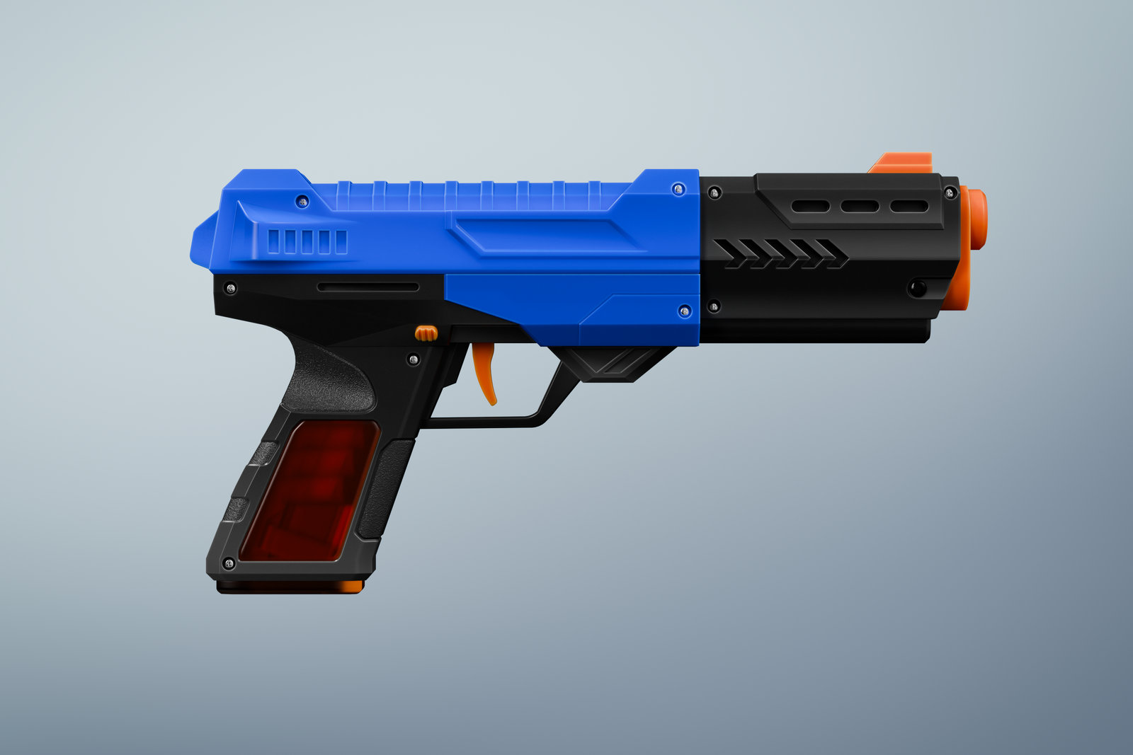 Side profile of the blaster on a grey-blue gradient